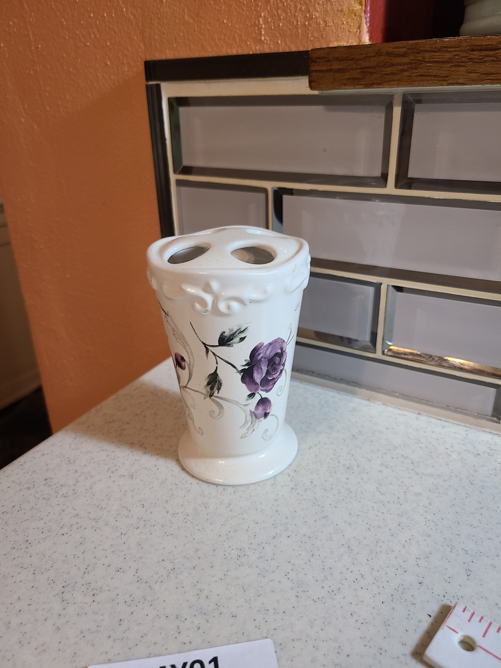Vintage White Ceramic Toothbrush Holder with Purple Rose Motif